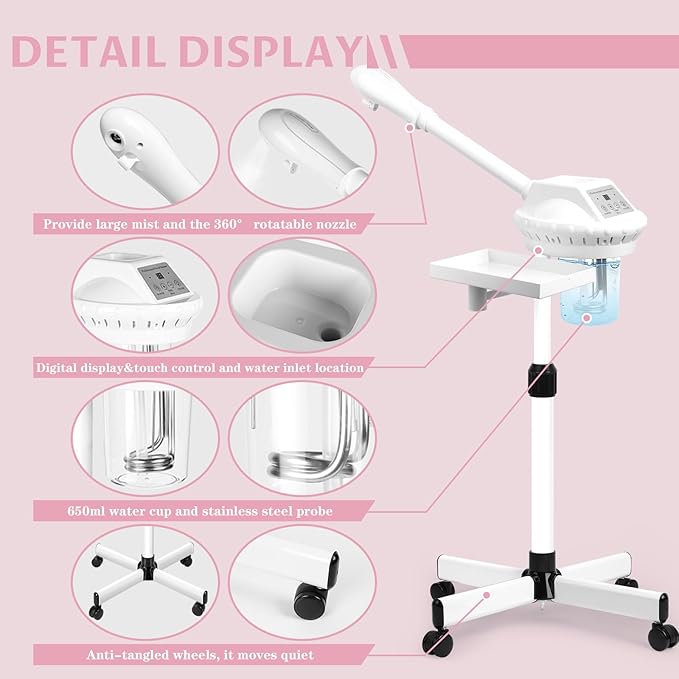 Facial Steamer Professional, Facial Steamer on Wheels, Ozone Face Steamer with More Steam for Deep Cleansing and Hydration, Estheticians Steamer for Beauty, Spa and Home Use（White）
