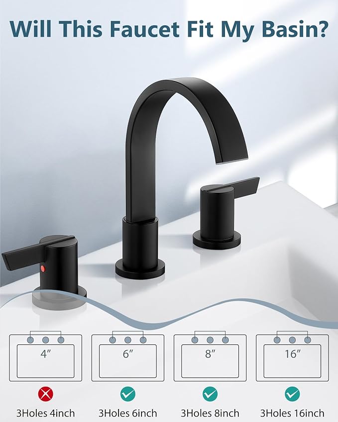 Aolemi Bathroom Faucets 3 Hole,8 Inch Widespread Waterfall Bathroom Sink Faucet,2 Handles Vanity Faucet with Pop-up Drain and Supply Hose,Matte Black