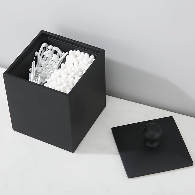 Cotton Swab Holder with Lid, Square Qtip Holder Bathroom Black, 2 Slot Resin Cotton Ball Canister Jar Cosmetics Makeup Countertop Organizer Containers Canister Apothecary Jar, Matte Black