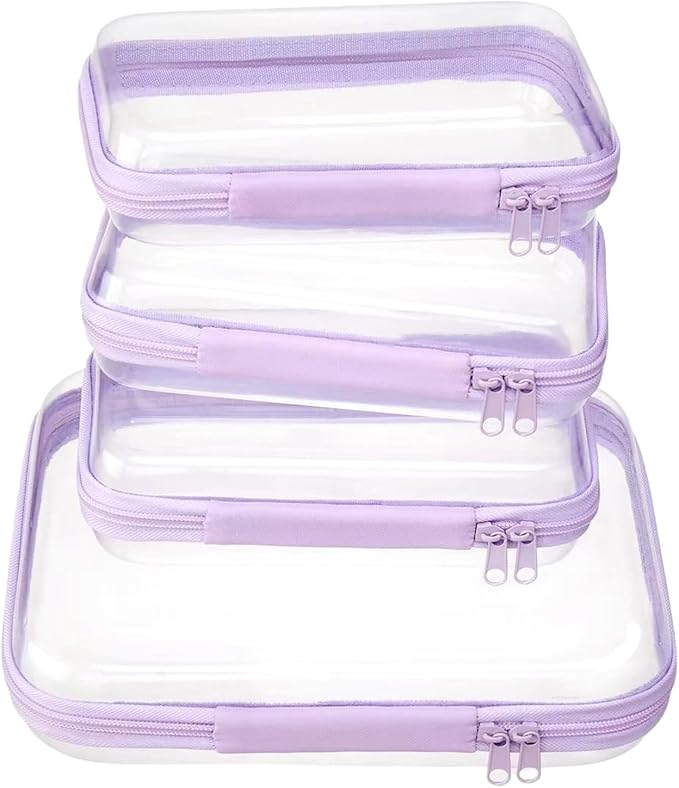 WELPIRT 4 pcs Clear Zipper Pouches,Hard Shell Zipper Case, Toiletry Bag for Travel, CLear Diaper Bag, Toiletry Pouch, Travel Organizer, Cosmetic Bag,Toy Storage Bins (M+3S) (Lavender)