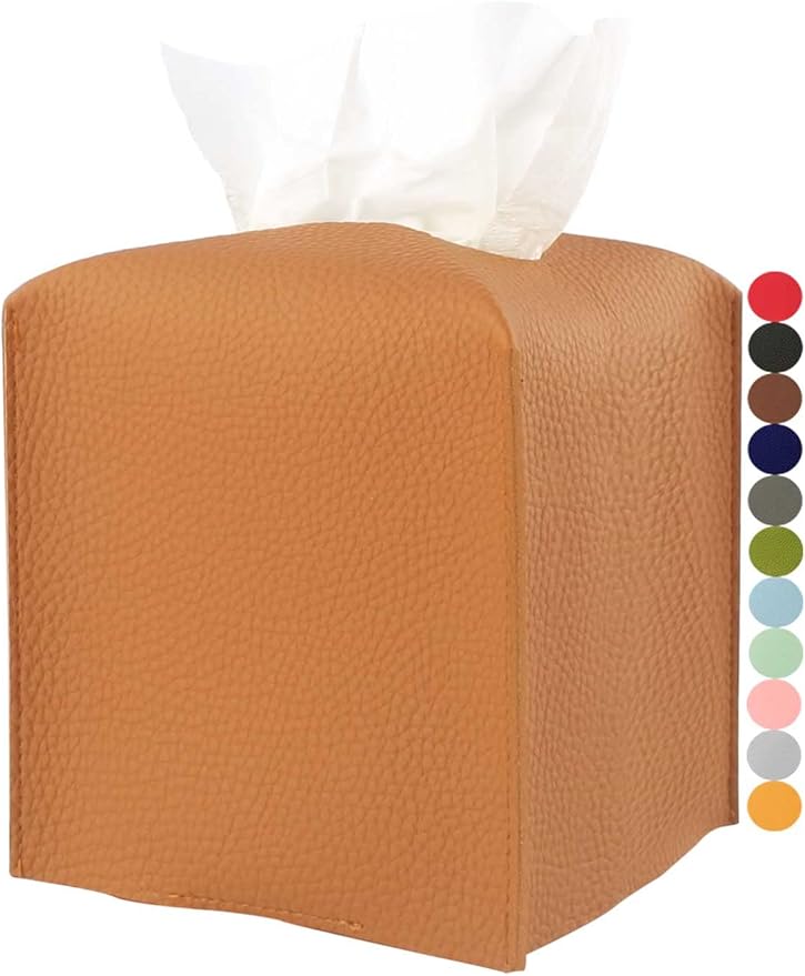Tissue Box Holder Tissue Cover – Square Faux Leather Tissue Box Cover with Bottom Belt [JESMINI, Camel Brown] Tissues Cube Box Cover for Bathroom/Night Stands/Office