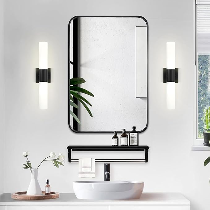 Kalium Wall Sconces Set of Two, Modern 21" Vanity, Frosted Glass, Black