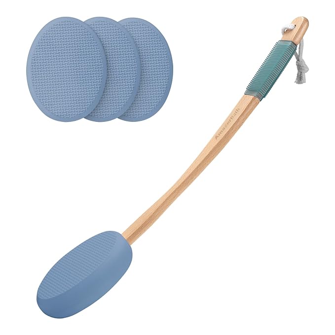 AmazerBath Lotion Applicator for Back, Feet, 4 Replaceable Pads with Long Handle, Back Sunscreen Applicator for Elderly, Women, Apply Cream Medicine Skin Cream Moisturizer Sunscreen Tanner, Blue
