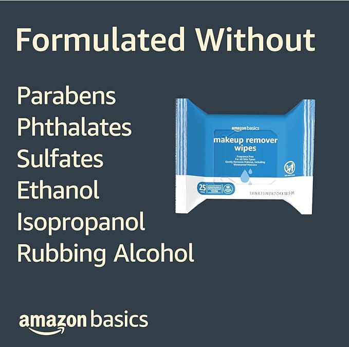 Amazon Basics Makeup Remover Wipes, Fragrance-Free, Alcohol-Free, Gentle Cleansing, Plant-Based, Dermatologist Tested, Removes Waterproof Mascara, Resealable, 25 Count, 1-Pack