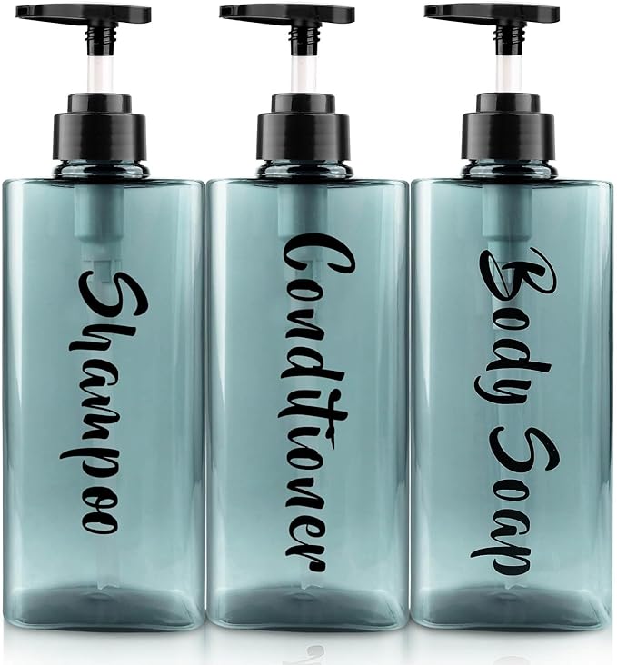 AUMIO 16.9oz Shampoo Dispenser for Shower (3 Pack) - Refillable Shampoo and Conditioner Bottles with Pump, Empty Clear Blue Plastic Body Wash Container Set, Printed Shower Soap Dispensers for Bathroom