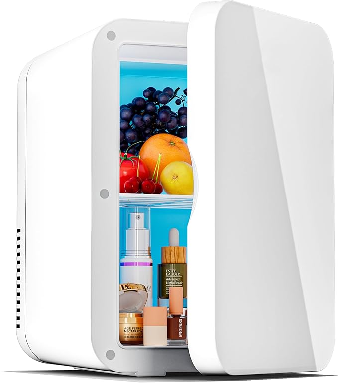 JrostKault Mini Fridge for Bedroom - 8 Liter/8 Can Portable Refrigerator for Car, Office, Dorm - Quiet Cooler & Warmer for Food, Drinks, Makeup & Skincare - AC/DC Power Supply