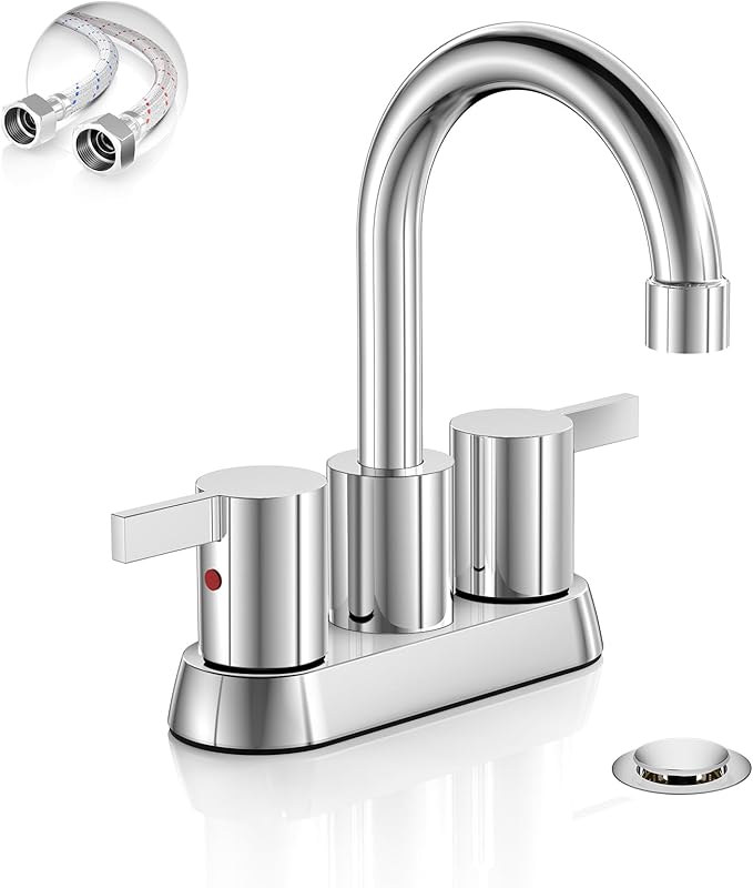 Phiestina 4 Inch Centerset 2 or 3 Holes 2 Handle Chrome Lead-Free Bathroom Faucet, Swivel Spout with Copper Pop Up Drain and 2 Water Supply Lines, BF015-1-C