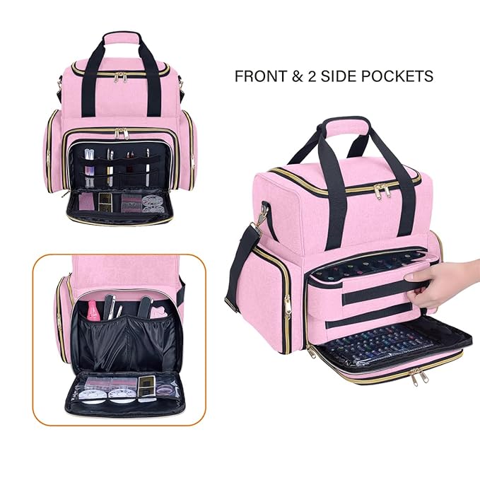 Nail Polish Organizer Case Holds 80 Bottles(15ml/0.5fl.oz) Portable Travel Storage Box with 2 Detachable Bags, Designed for Women's Nail Tools, Essential Oils and Cosmetics Sets(Pink)