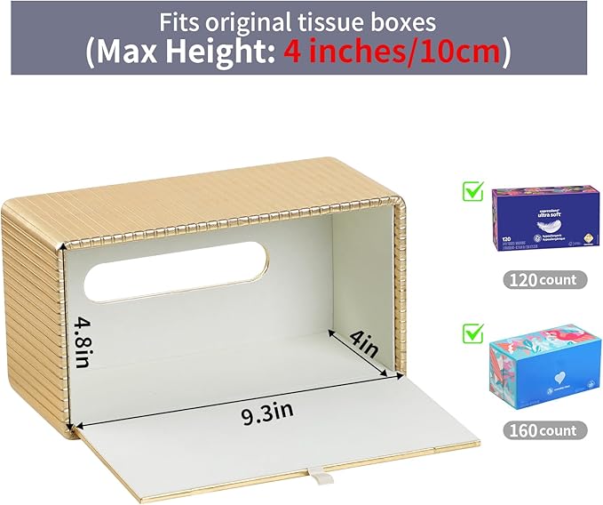 MEIBOOCH PU Leather Tissue Box Cover Square, Cube Tissue Box Holder with Magnetic Closure, Decorative Tissue Holder for Bathroom Bedroom Office (Gold, Rectangle Height of 4 in)