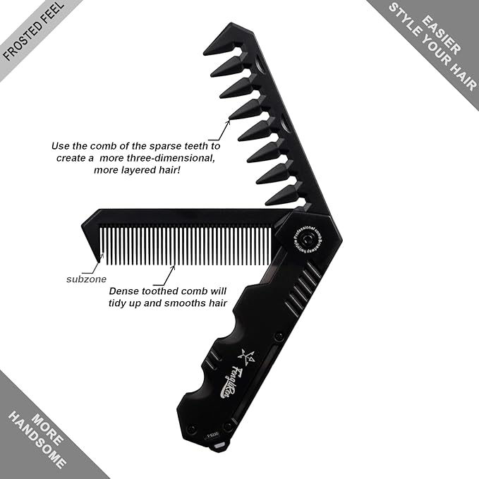Protable Folding 2 in 1 Hair Comb Dence Tooth Comb Wide Tooth Comb Sparse Styling Pocket for Combing Straight hair Curly Hair Beards Mustaches for Men Barber Hairdresser (Black)