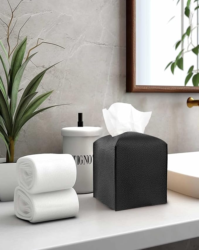 Leather Tissue Box Cover Square – Tissue Holder with Bottom Belt [JESMINI, Black] Aesthetic PU Leather Tissue Box Holder Decorative for Bathroom, Home Office Decor
