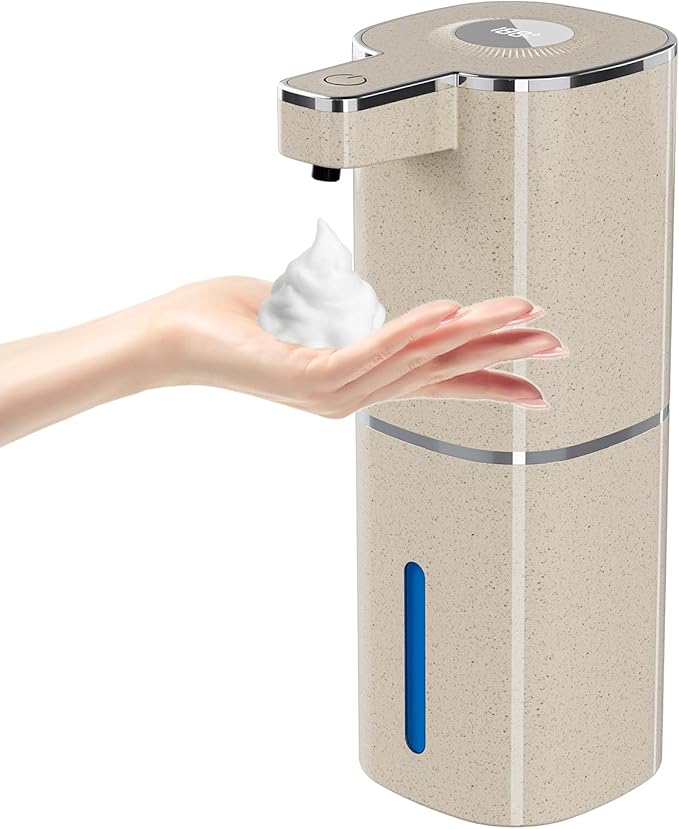 Automatic Foaming Soap Dispenser, Touchless Rechargeable Hand Soap Dispenser, 4 Adjustable Levels, 1200mAh Battery, Large Display, for Kitchen & Bathroom (Light Khaki, Foaming)