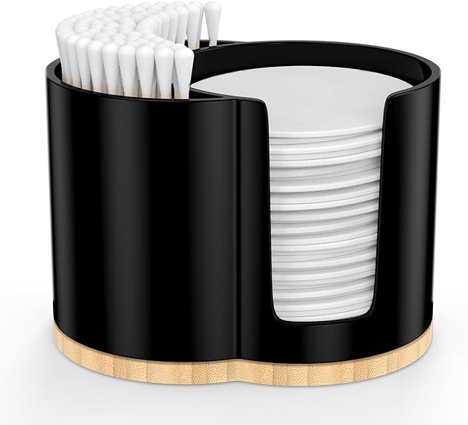 PENGARO Cotton Pad and Swab Holder, Q tip Holder Round Cotton Pad Dispenser Plastic Cotton Swabs Dispenser, Bathroom Accessories Storage Organizer for Cotton Pads Floss Picks, Black