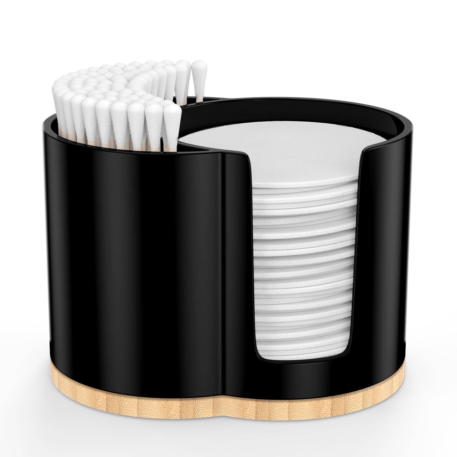 PENGARO Cotton Pad and Swab Holder, Q tip Holder Round Cotton Pad Dispenser Plastic Cotton Swabs Dispenser, Bathroom Accessories Storage Organizer for Cotton Pads Floss Picks, Black