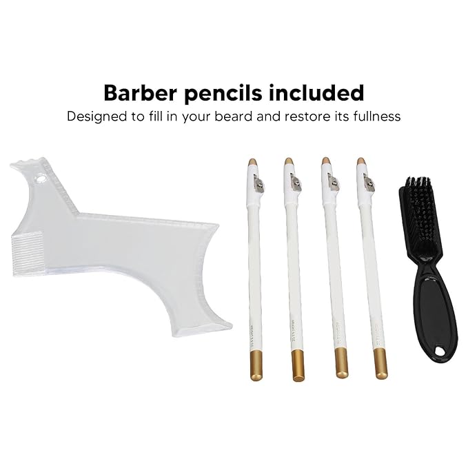 Beard Shaper, Beard Lineup Tool Beard Grooming Toolkit Includes Beard Shaping Stencil with 4 Barber Pencils for Home Use and Travel (White)