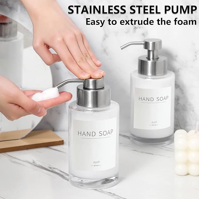 Foaming Soap Dispenser Set, 12 Oz Glass Hand Soap Dispenser with 304 Rust Proof Stainless Steel Pump, Waterproof Labels, for Bathroom Decor Kitchen College Dorm, Clear Silver Pump