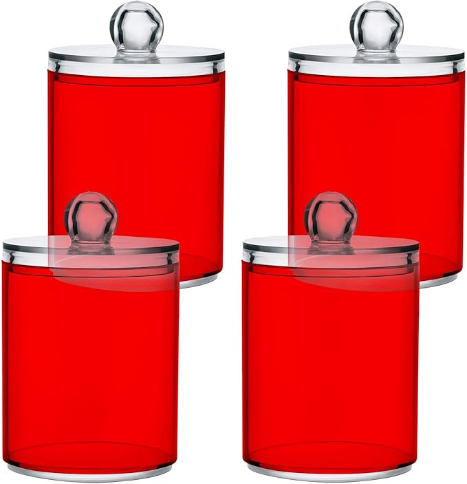 Red Qtip Holder Organizer Dispenser Cotton Swabs Cans Plastic Jars with Lid Set 2 Pack Bathroom Storage Canister for Cotton Ball Floss Cotton Pads