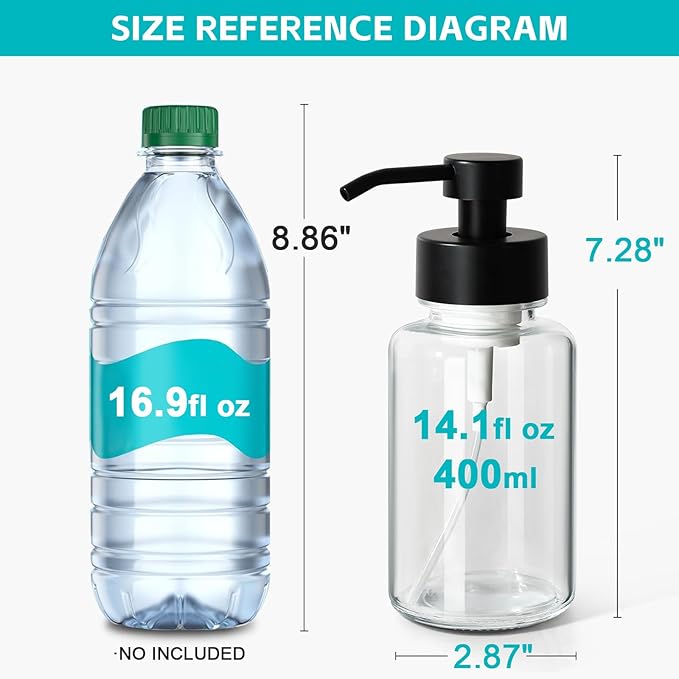 RACOBOT Foaming Hand Soap Dispenser, 14.1 oz/400ml Foaming Soap Dispenser, 2 Pack Glass Foaming Dispenser for Bathroom & Kitchen, Clear Refillable Liquid Dispenser Bottle with Waterproof Labels