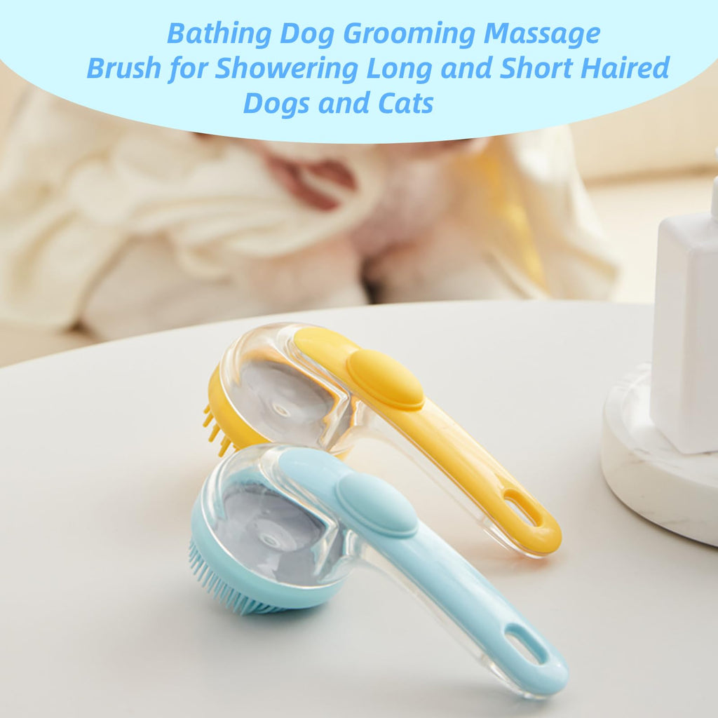 Dog Bath Brush, 2 in 1 Pet Grooming Bath Massage Brush with Soap and Shampoo Dispenser Soft Silicone Bristle Dog Scrubber for Long Short Haired Dogs Cats Shower-Yellow
