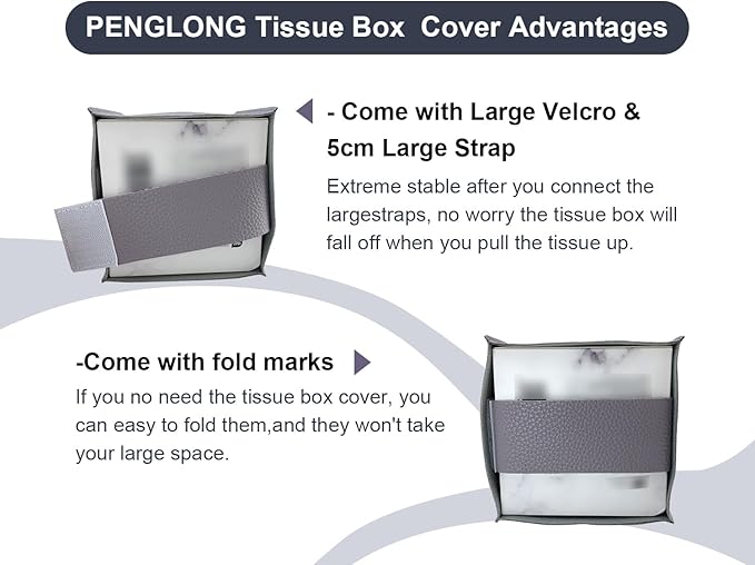 PENGLONG Tissue Box Cover 5X5X5'' PU Leather Tissue Holder Square Tissue Cube Box Organizer for Bathroom Vanity Countertop, Car, Night Stands, Office, Home, Kitchen (2Pack, Light Bray Purple)
