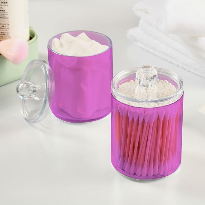 Orchid Qtip Holder Organizer Dispenser Cotton Swabs Cans Plastic Jars with Lid Set 2 Pack Bathroom Storage Canister for Cotton Ball Floss Cotton Pads
