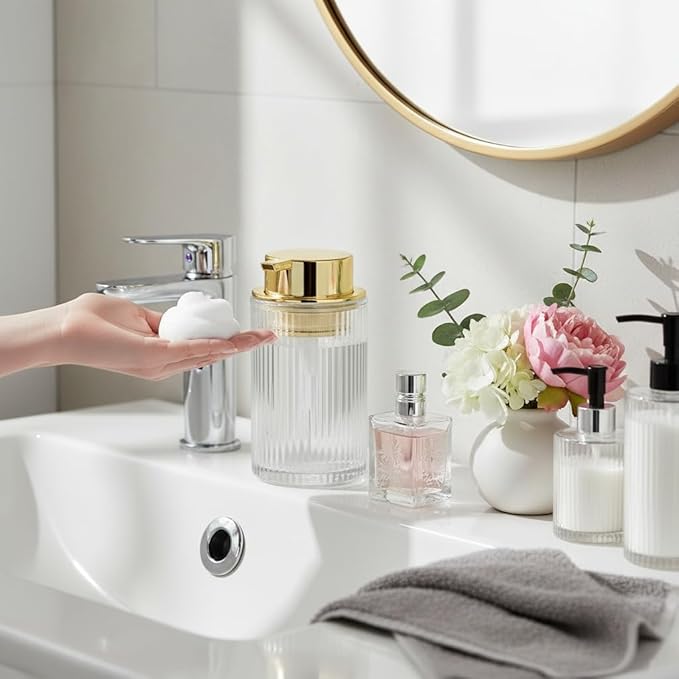 Tonxus Foaming Soap Dispenser, Bathroom Clear Glass Foam Soap Dispenser, Refillable 12 Oz Foam Pump Bottle Container with Gold Pump, Decorative Slim Ribbed Dish Soap Dispenser for Kitchen