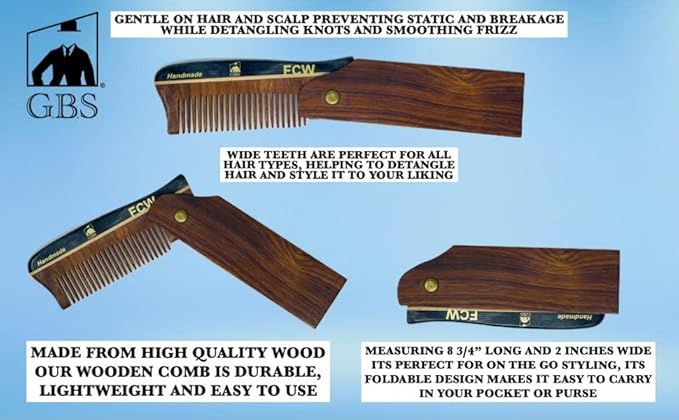 G.B.S Wooden Hair Comb for Men Pocket Folding Comb for Beard Wide Tooth Pack of 2