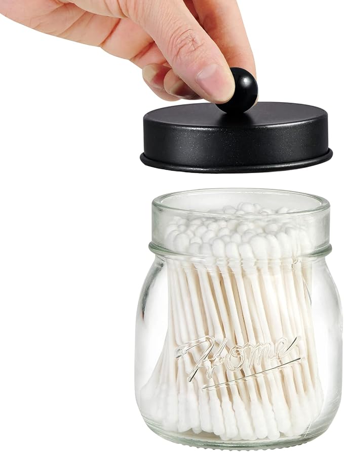 SheeChung 2 Pack Qtip Holders, Black Bathroom Decor, Cotton Swab Holders, Bathroom Jars, Restroom Decor for Cotton Balls, Pads, Floss Picks - Black
