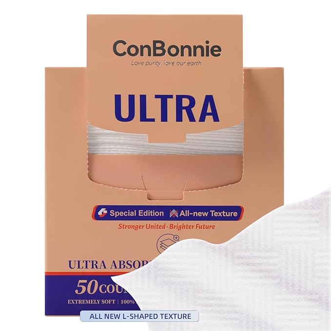 Conbonnie Clean Face Towels XL, Thickened Design with New Textured, 10"×12" Biobased Facial Towels, Disposable Face Towelette, Makeup Remover for Skin Care, Clean Skin, 50 Count (1 Pack)