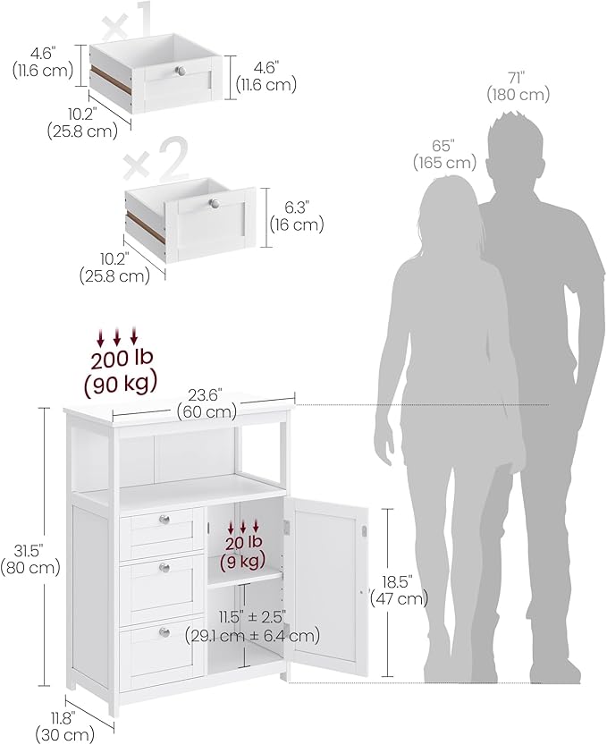 VASAGLE Floor Storage Cabinet, Freestanding Storage Unit with 3 Drawers, Adjustable Shelf, 11.8 x 23.6 x 31.5 Inches, for Living Room, Bathroom, Entryway, White UBBC542P31V2