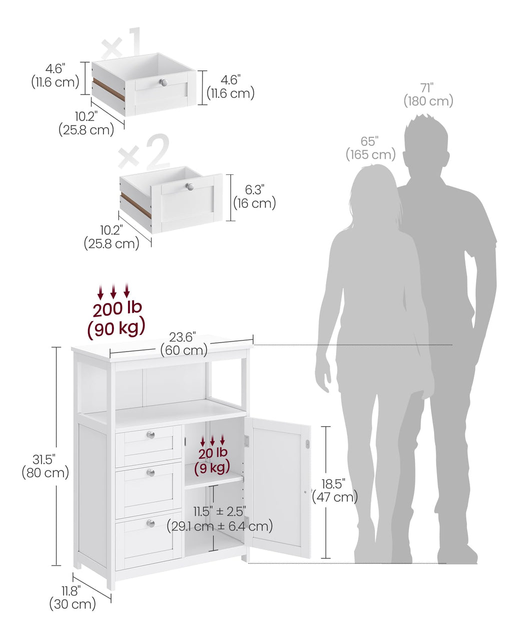 VASAGLE Floor Storage Cabinet, Freestanding Storage Unit with 3 Drawers, Adjustable Shelf, 11.8 x 23.6 x 31.5 Inches, for Living Room, Bathroom, Entryway, White UBBC542P31V2