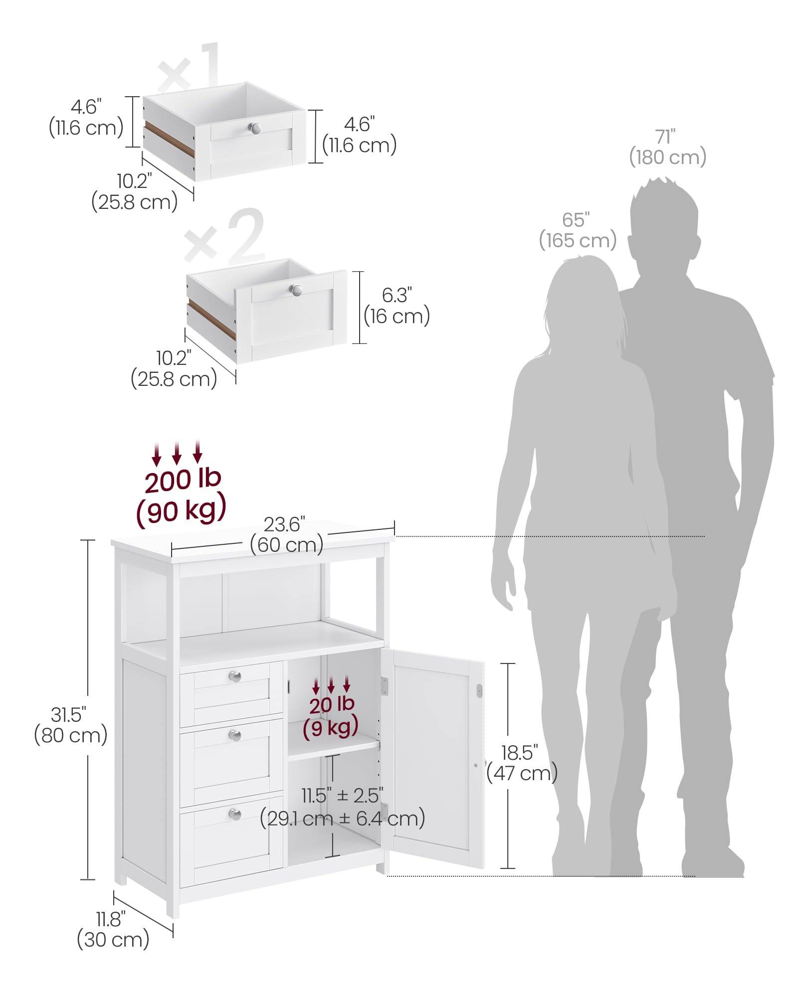 VASAGLE Floor Storage Cabinet, Freestanding Storage Unit with 3 Drawers, Adjustable Shelf, 11.8 x 23.6 x 31.5 Inches, for Living Room, Bathroom, Entryway, White UBBC542P31V2