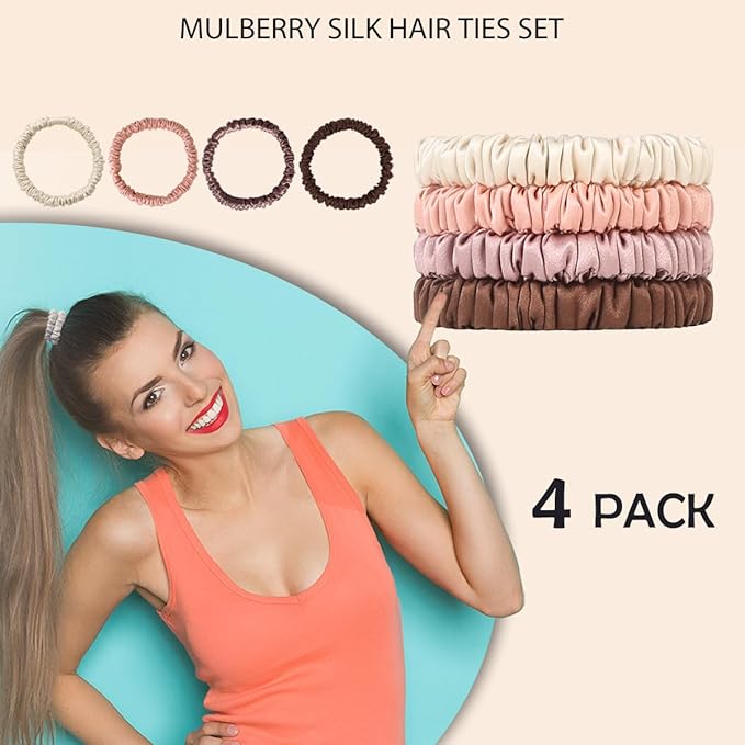 4 Count Silk Hair Ties 22 Momme 100% Pure Mulberry, Beige, Coral, Brown, Cameo Brown for Hair Sleep, Small Scrunchies for Women