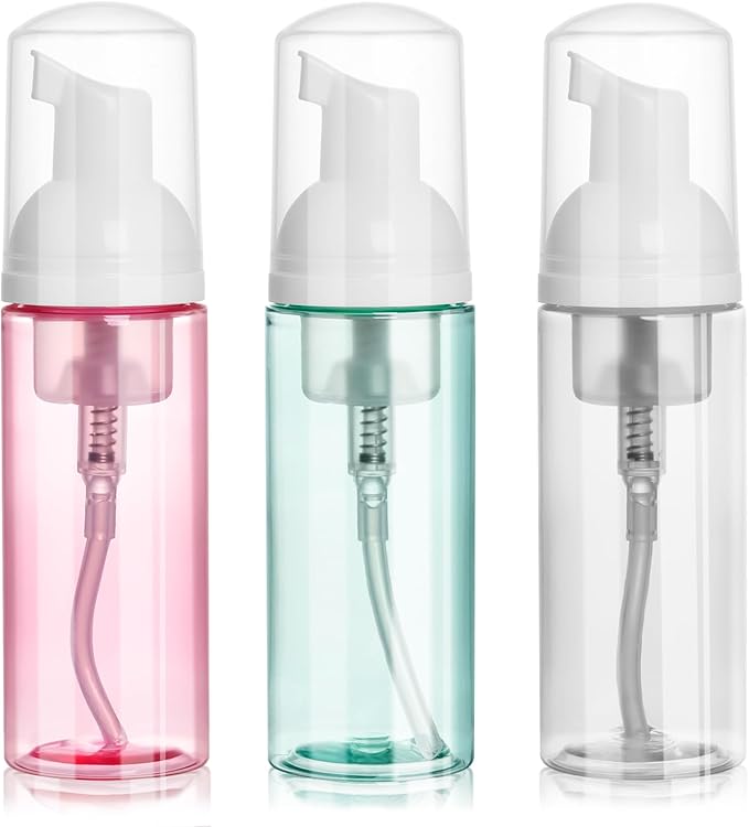 ShanySheny 2oz Travel Foam Pump Bottle, 3PCS Travel Size Empty Foaming Dispenser for Hand Soap, Shampoo, Lash Cleanser (60ml) - Pink, Green, and Transparent