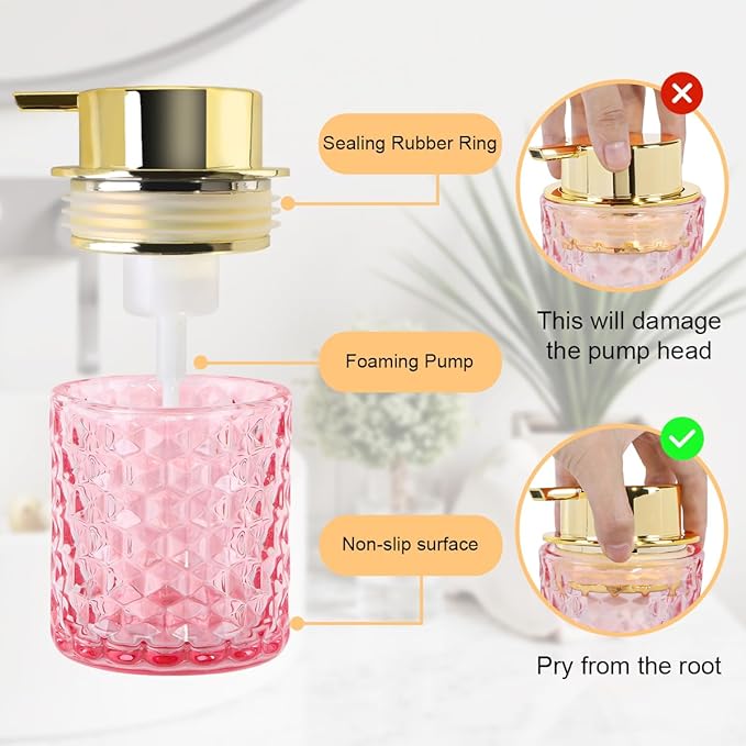 Fvstar 10 Oz Glass Hand Soap Dispenser with Pump, Refillable Bathroom Gold Foaming Soap Dispenser, Vintage Glass Diamond Lotion Container Bottle for Bathroom and Kitchen (1, Pink and Gold)