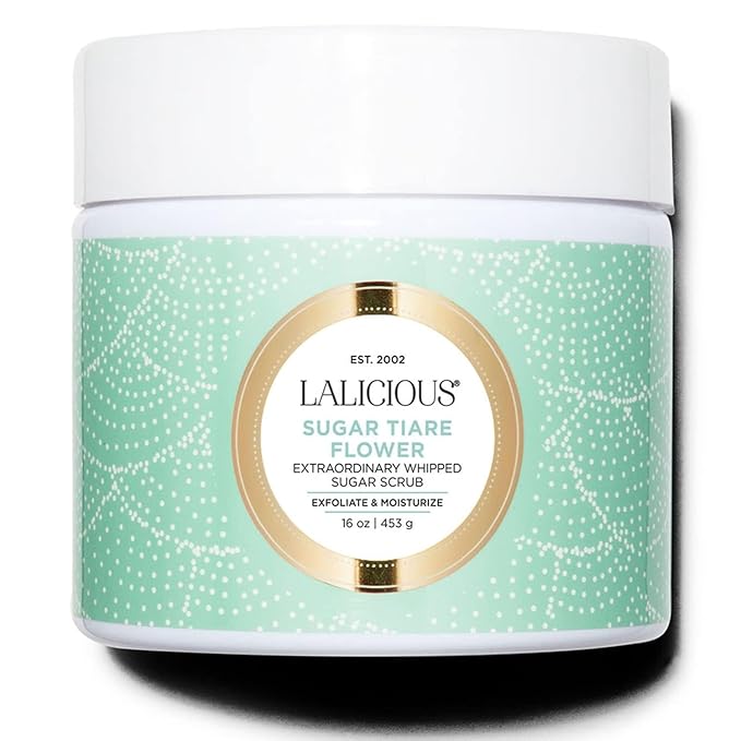 LALICIOUS Sugar Tiare Flower Exfoliating Body Scrub, Moisturizing Whipped Exfoliator, Pre-Shave Scrub for Ingrown Hairs & Razor Bumps, Gently Buffs & Smooths Sensitive Skin | No Parabens | Large 16oz