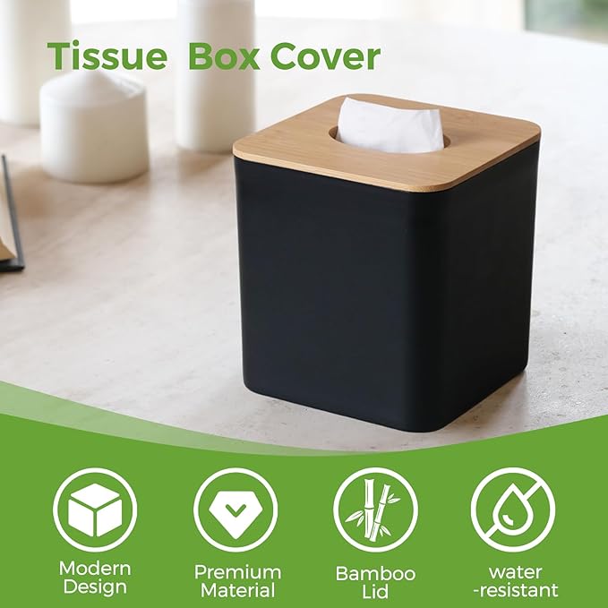 2 Pack Tissue Box Cover Square, Black Facial Tissue Holder with Bamboo Lid