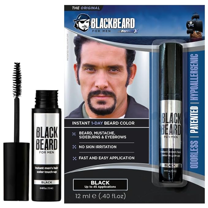 Blackbeard for Men Beard Color – 1-Day Beard, Mustache, Eyebrow, Sideburns Color – Temporary Facial Hair Tint - Hypoallergenic Beard Dye Alternative – Up to 45 applications – Black, 1 Pack