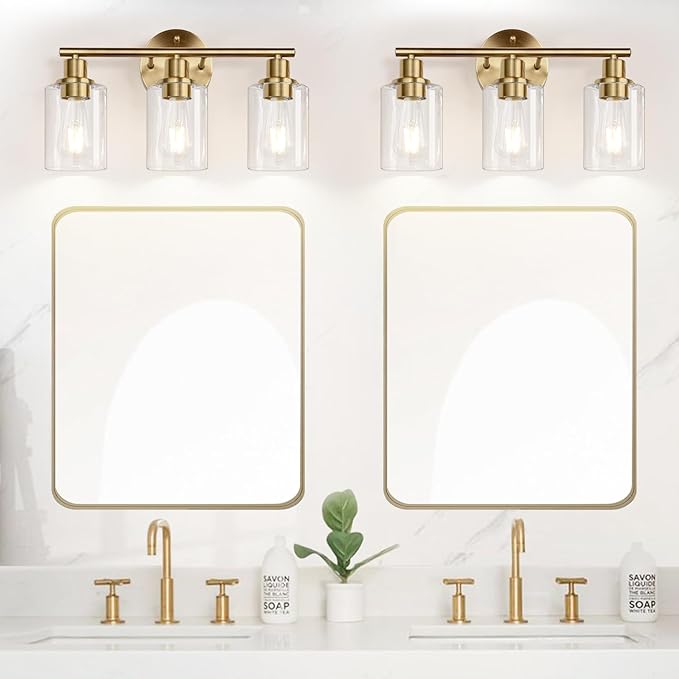 Zarbitta 3-Light Bathroom Light Fixtures, Brushed Brass Bathroom Wall Lights with Clear Glass Shade, Modern Bathroom Wall Lamp for Mirror Kitchen Living Room Hallway Cabinet
