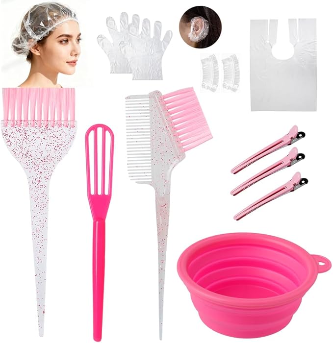 MOONMINI Hair Dye Color Brush and Bowl Set, Color Bowl Brushes Tool Mixing Bowl Kit Tint Comb for Hair Tint Dying Coloring Applicator (Pinky&Clear)