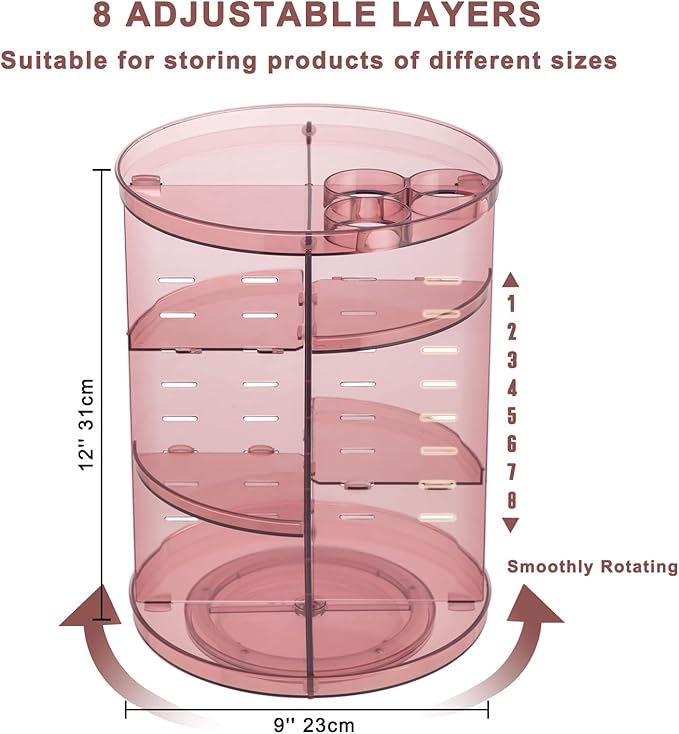 Rotating Makeup Organizer, DIY 8 Adjustable Layers Spinning Skincare Storage, Cosmetic Display Case with Brush Holder and Perfume Tray, Multi-Function Vanity Bathroom Countertop Organizer Clear Pink