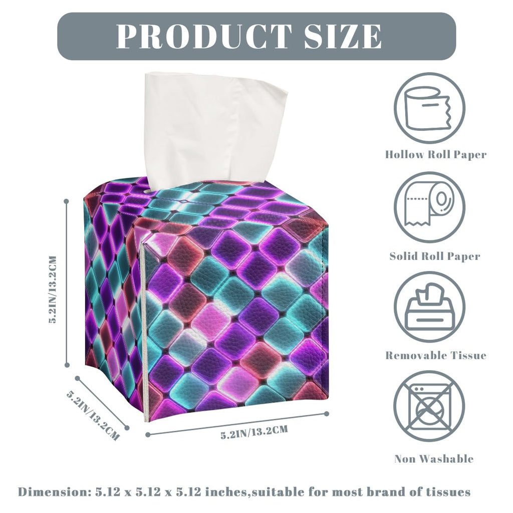 Neon Tissue Box Cover Colorful Rainbow Tiles Purple Blue Pink Leather Tissue Box Holder Square Facial Paper Organizer Dispenser for Car Bathroom Bedroom Office Tabletop Decor