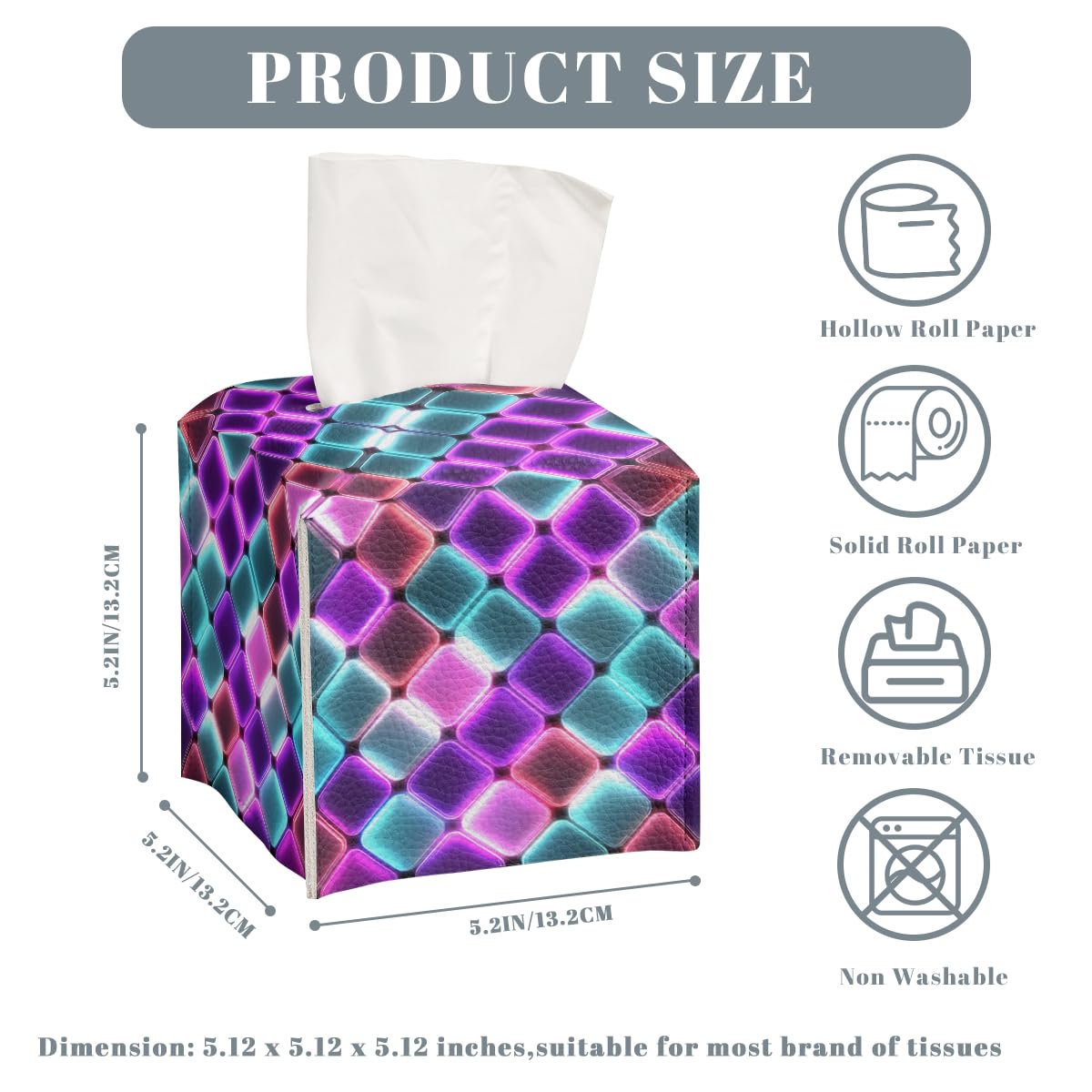 Neon Tissue Box Cover Colorful Rainbow Tiles Purple Blue Pink Leather Tissue Box Holder Square Facial Paper Organizer Dispenser for Car Bathroom Bedroom Office Tabletop Decor