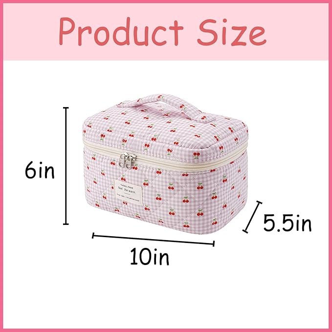 uekeboag Large Travel Quilted Makeup Bag for Women, Floral Cotton Cosmetic Bag, Coquette Aesthetic Floral Toiletry Organizer Bag(Checker Cherry