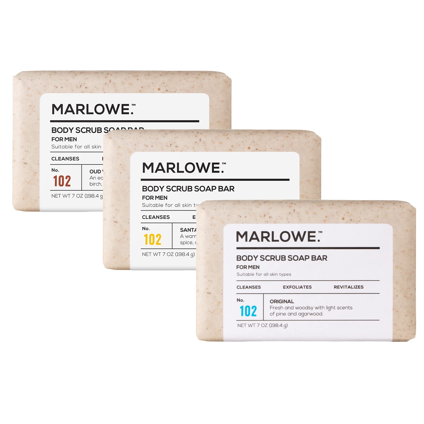 MARLOWE. Men's Body Scrub Soap, Exfoliating Soap Bars, Variety Trio, 7oz