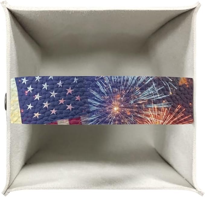 Firework American Flag Tissue Box Holder Square PU Leather Tissue Organizer Case with Metal Button Waterproof Napkin Holder for Home Office Car Automotive Decor