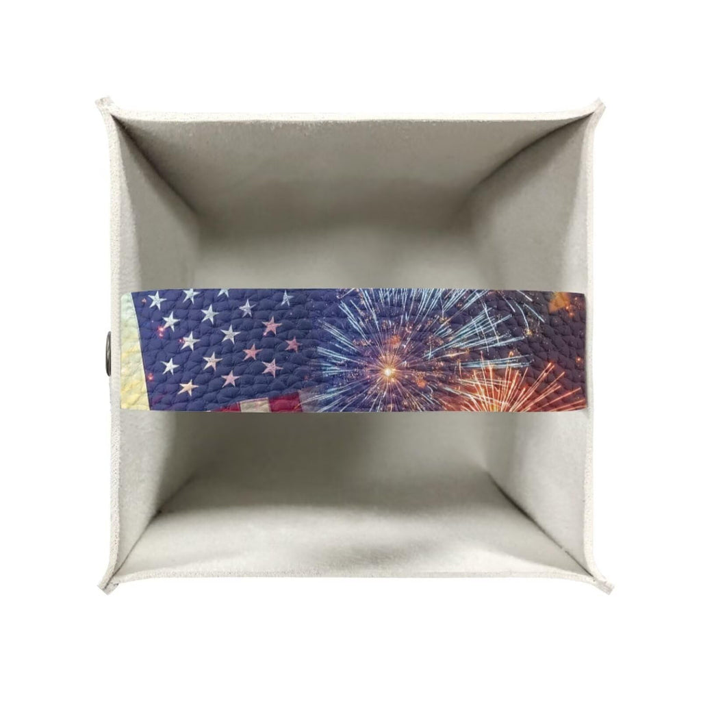 Pzuqiu Firework American Flag Tissue Box Holder Square PU Leather Tissue Organizer Case with Metal Button Waterproof Napkin Holder for Home Office Car Automotive Decor