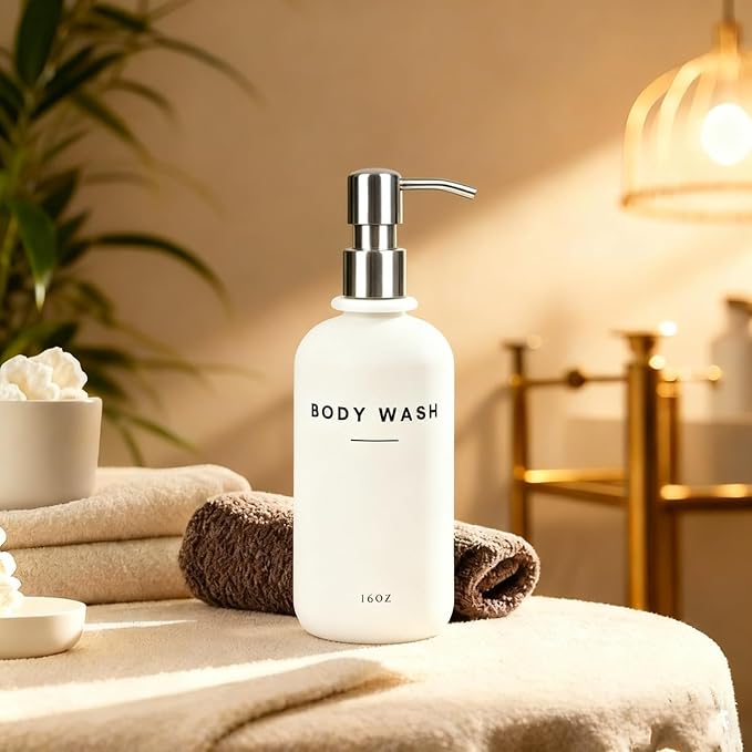 Set of 3 Shampoo and Conditioner Dispenser Stainless Steel Pump Head - 16oz Durable Shower Soap Dispenser and Shampoo Bottles - Easy to Refill Bathroom soap Dispenser Set Bathroom Decor with Labels