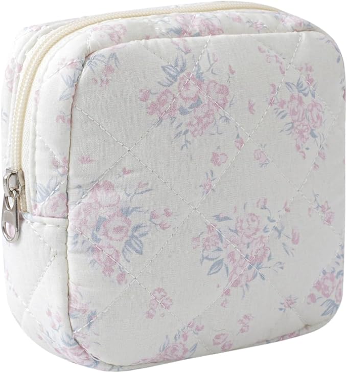 Small Quilted Cotton Makeup Bag for Purse, Cosmetic Bag with Compartments, Cotton Aesthetic Makeup Bag, Travel Toiletry Pouch, Lipstick Bag Card Holder Data Cable Organizer (13Pink Rose)