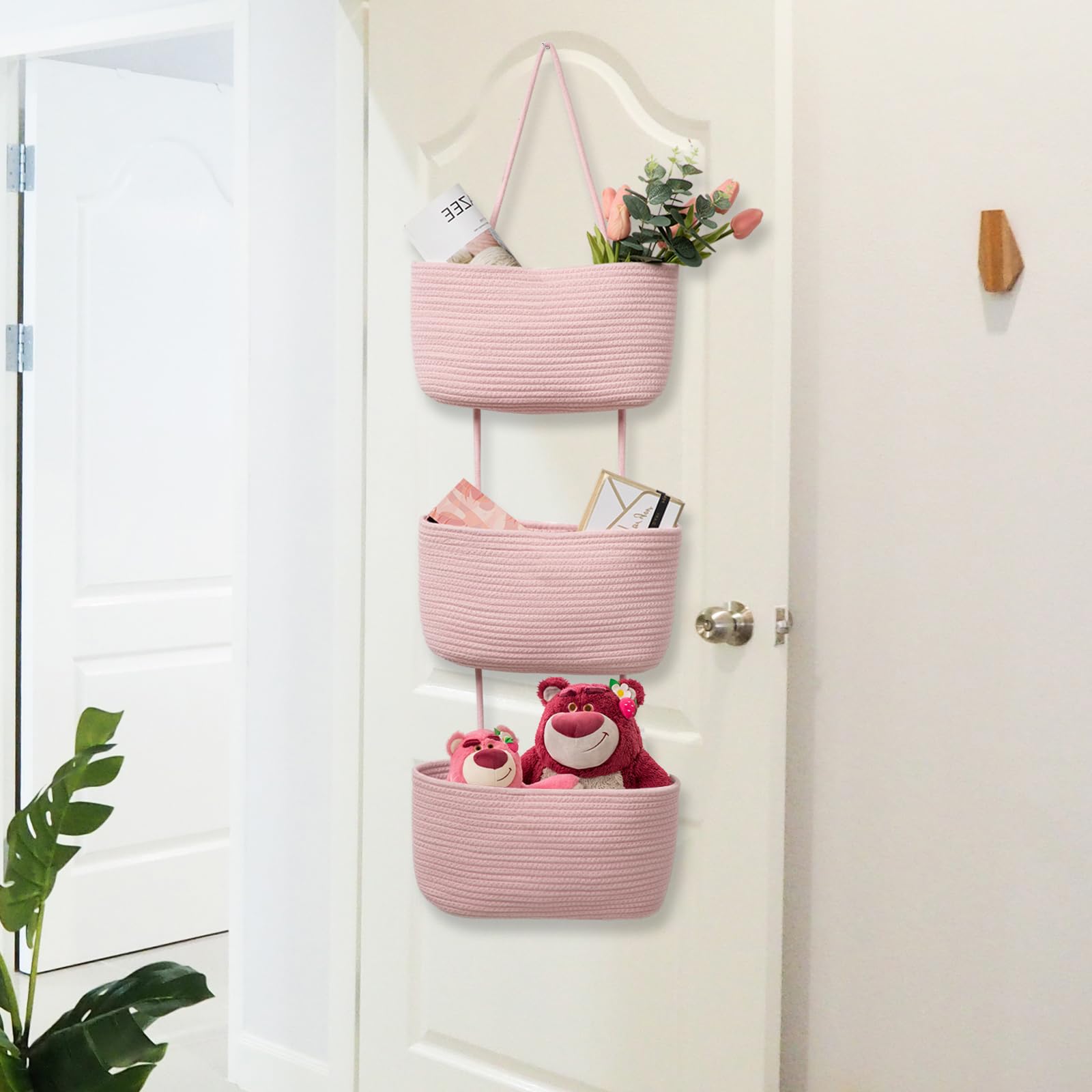 TeoKJ Over the Door Hanging Basket, 3-Tier Woven Cotton Wall-Mounted Storage Organizer Bag Decorative Hanging Nursery Baskets, Pink